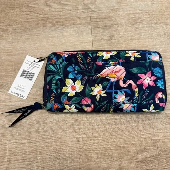 Vera Bradley Navy Floral Flamingo Zip Wallet with Pink Accents - Picture 3 of 11